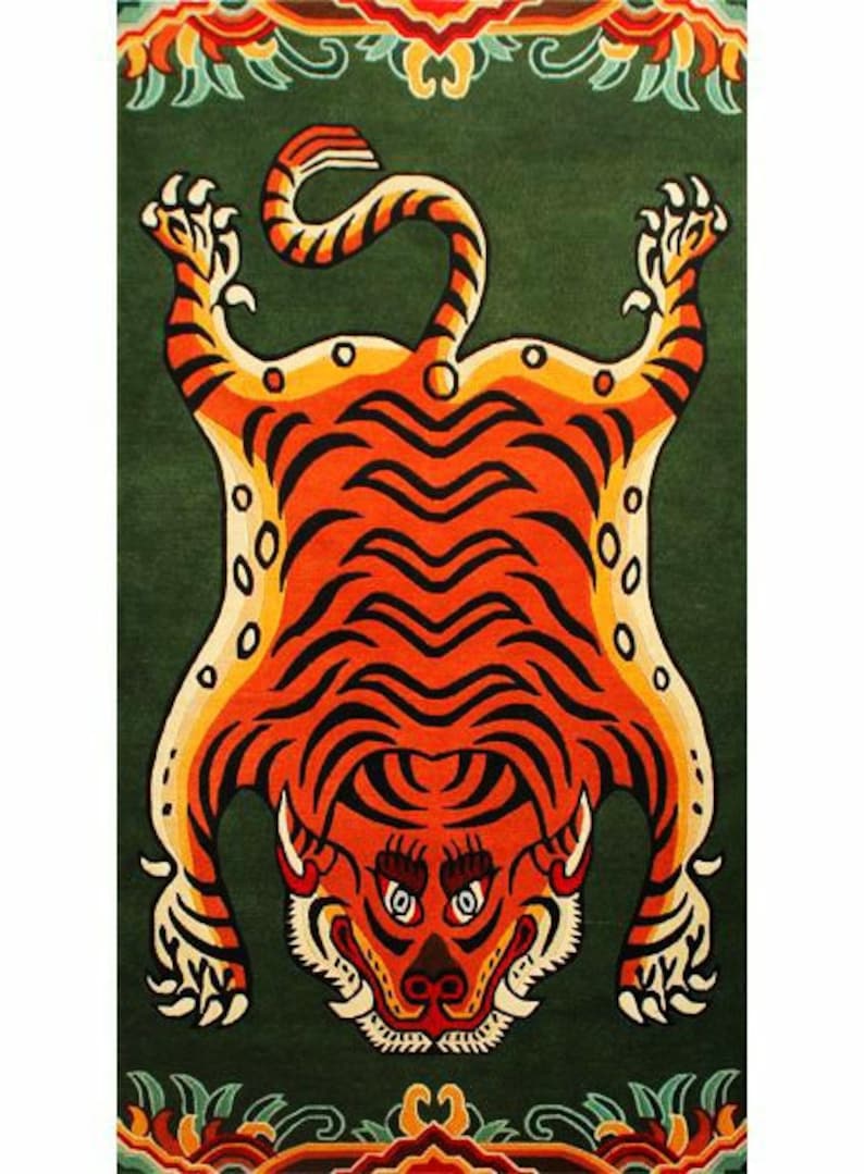 Rida Handloom Handmade Tiger Area Rug Carpet for Bedroom & Living Room - Green