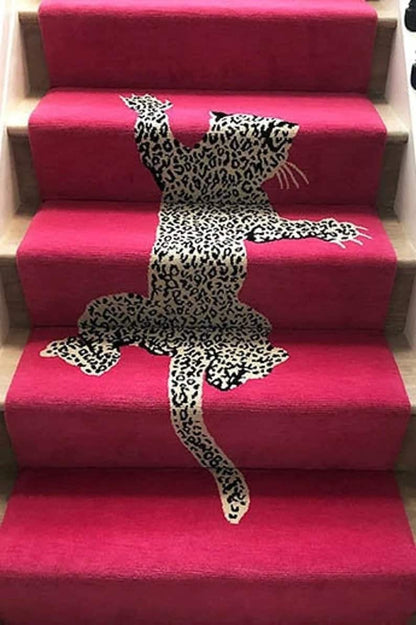 Hand Tufted Leopard Hallway Runner Rug for Bedroom & Stair Treads - Red