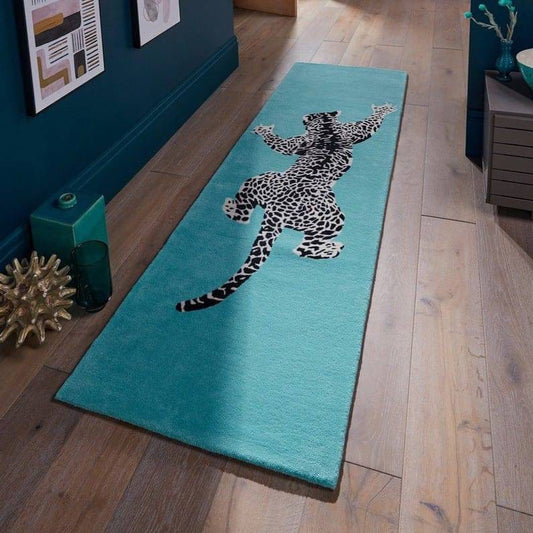 Hand Tufted Leopard Hallway Runner Rug for Bedroom & Stair Treads - Sky Blue