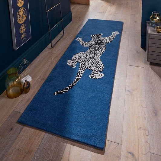 Hand Tufted Leopard Hallway Runner Rug for Bedroom & Stair Treads - Blue