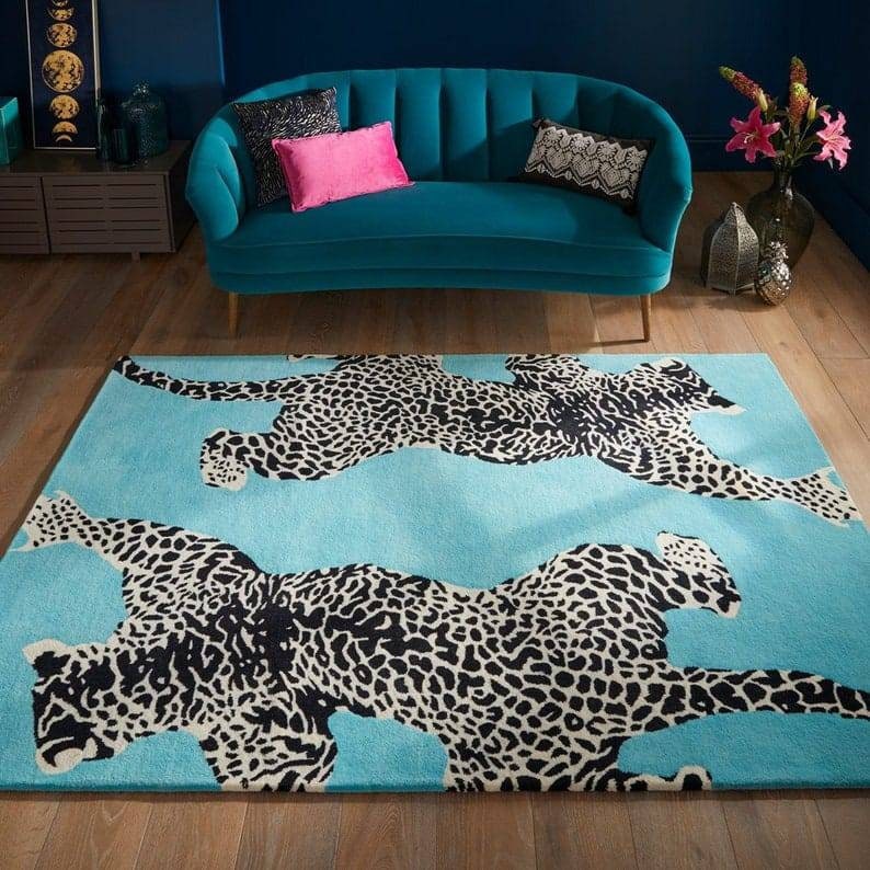 Hand Tufted Leopard Hallway Runner Rug for Bedroom & Stair Treads - Sky Blue