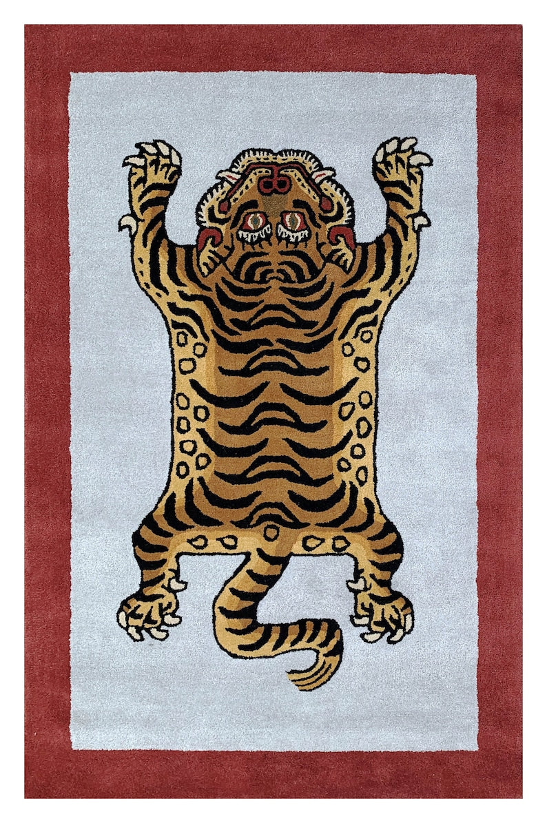 Rida Handloom Handmade Tiger Area Rug Carpet for Bedroom & Living Room - Red