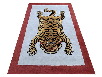 Rida Handloom Handmade Tiger Area Rug Carpet for Bedroom & Living Room - Red