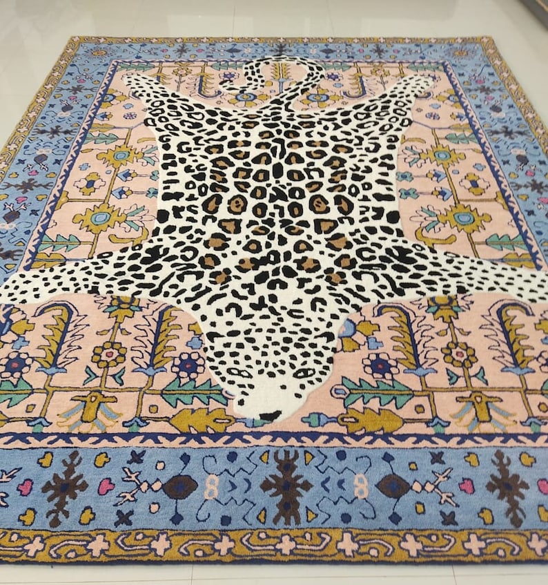 Rida Handloom Handmade Leopard Area Rug Carpet for Bedroom & Living Room - Blue