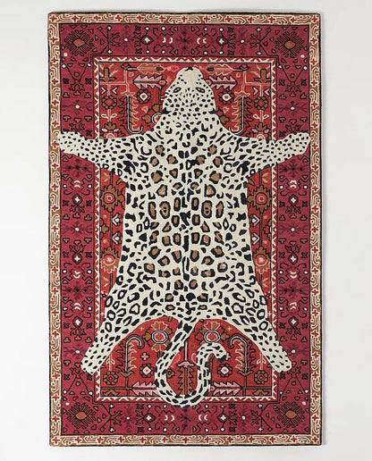 Rida Handloom Handmade Leopard Area Rug Carpet for Bedroom & Living Room - Red