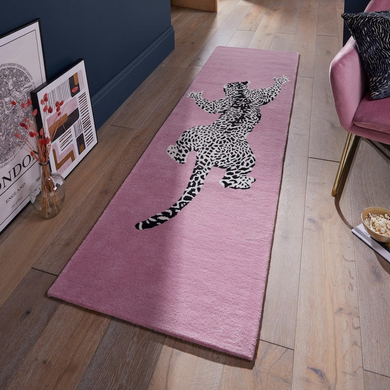 Hand Tufted Leopard Hallway Runner Rug for Bedroom & Stair Treads - Pink