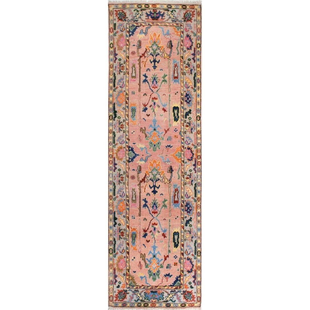 Floral Knotted Oushak Runner Rug