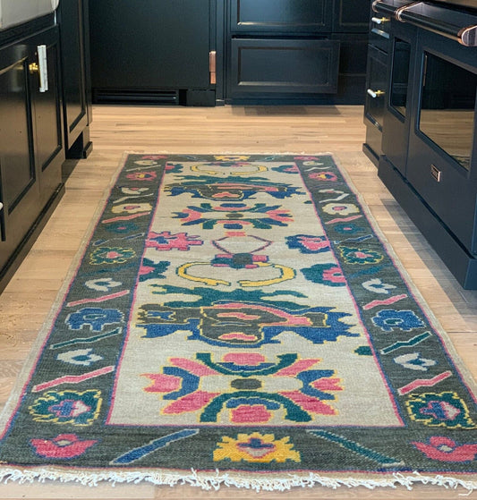 Floral Knotted Oushak Runner Rug