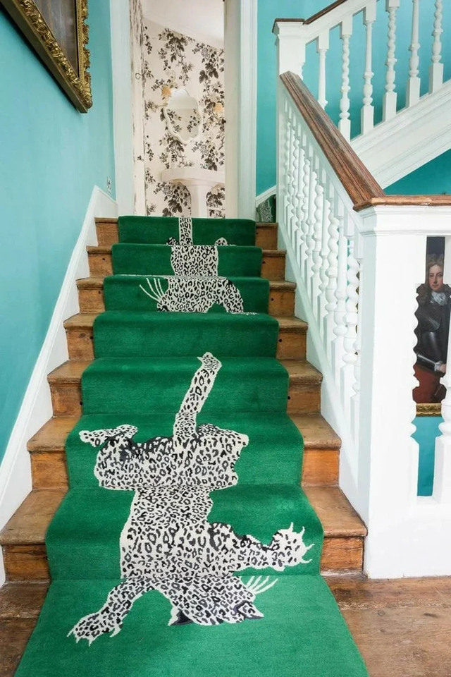 Hand Tufted Leopard Hallway Runner Rug for Bedroom & Stair Treads - Green