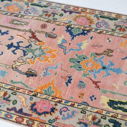 Floral Knotted Oushak Runner Rug