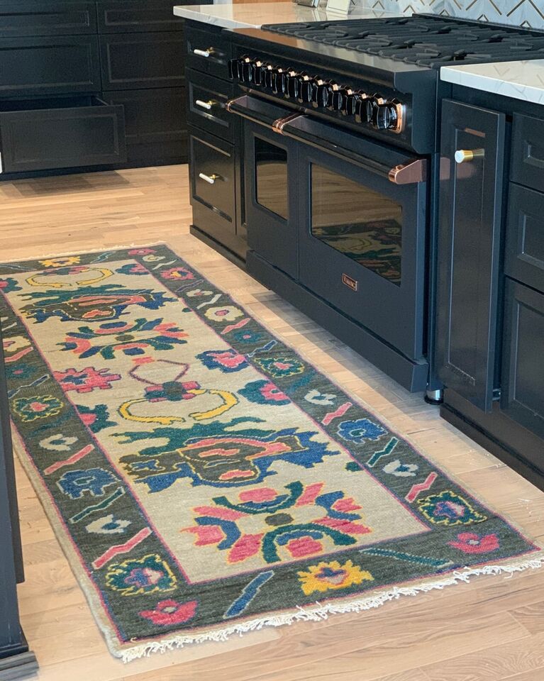 Floral Knotted Oushak Runner Rug